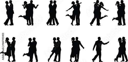 Silhouette couple dancing, romantic love, man and woman embrace, wedding dance vector, relationship illustration, passion pose, black romance figure design