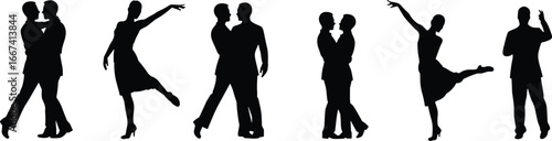 Couple dance silhouettes, romantic ballroom dancers, tango movement, ballet pose, man and woman performance, elegant choreography, black illustration, artistic partner expression