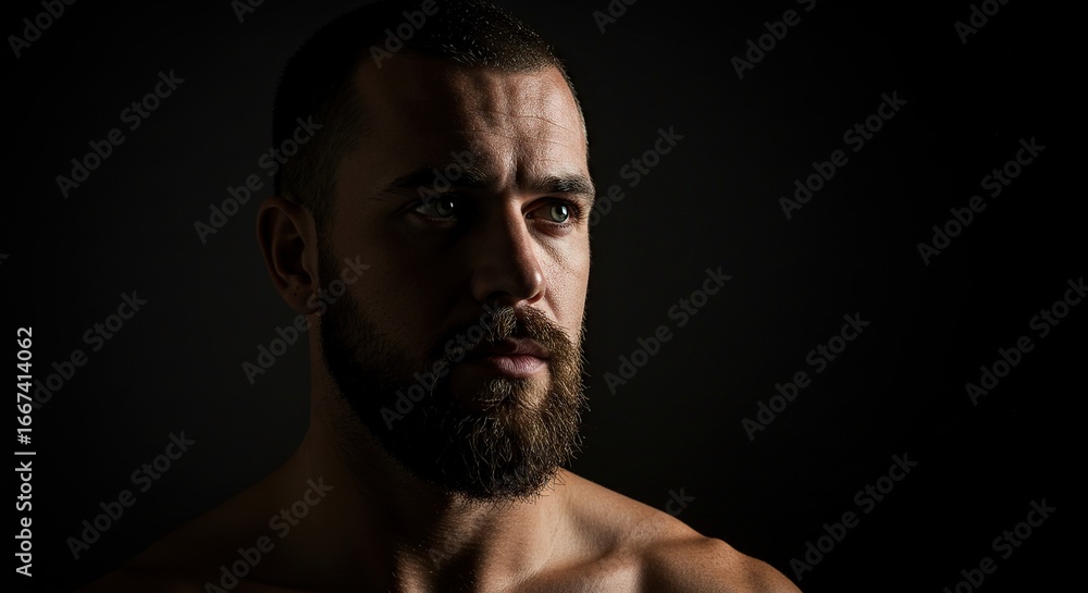 Fototapeta premium Portrait of handsome bearded man looking away in studio against dark area for lifestyle and fashion