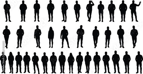 Silhouettes of people standing, walking, waving, jumping, casual poses, black illustration, human figures collection, crowd concept, isolated vector design