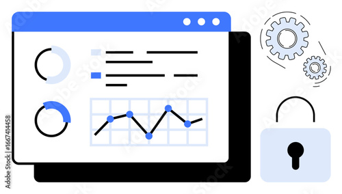 Analytical dashboard with charts, graphs, and gears representing workflow optimization beside a lock emphasizing data security. Ideal for technology, analytics, security, privacy, business, strategy
