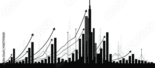 Illustration of a city skyline with financial charts and arrows indicating growth and positive trends