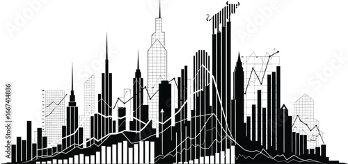 Financial district skyline with stock market graph and bull statue in black and white