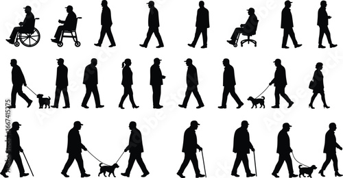 Silhouette people walking, man with cane, person in wheelchair, elderly with dog, woman, community lifestyle, disability, mobility, urban diversity