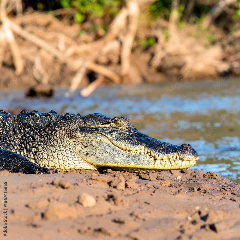 Fototapeta premium A close-up view of a resting crocodile on the riverbank, showcasing its textured skin and sharp teeth, bathed in natural light.