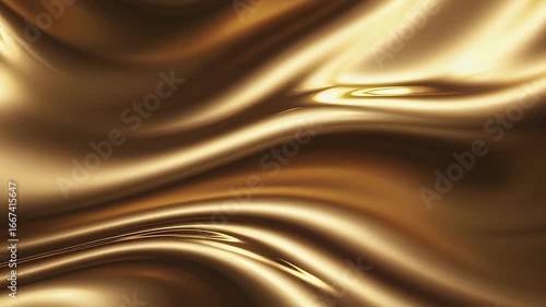 Golden liquid smoothly flows in gentle waves, creating mesmerizing reflections and an elegant metallic shine. The luxurious, fluid motion and rich gold color evoke feelings of opulence, beauty, and cr