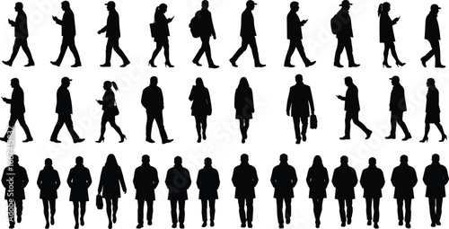 Silhouette people walking, men and women, office workers, business professionals, teamwork, urban lifestyle, communication, diversity, colleagues, professional success, group