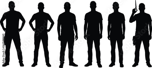 Silhouette workers standing, construction men, handyman with tools, builder holding drill, professional labor, repair service, maintenance, male figure, teamwork, occupation