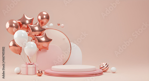 Elegant rose gold and white festive product display podium with balloons, gift, and decorative elements.