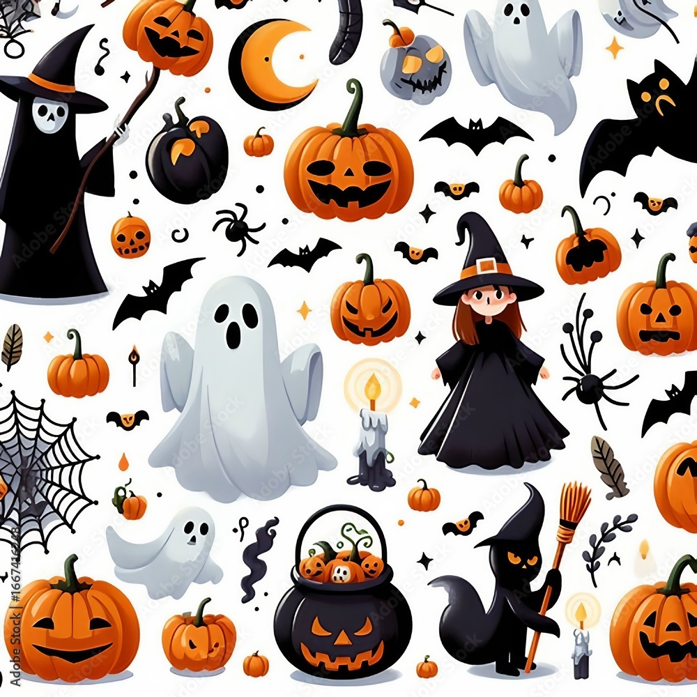 Cute Halloween Vector Illustration with Pumpkins, Ghosts and Haunted House Cute Halloween Vector Illustration with Pumpkins, Ghosts and Haunted House