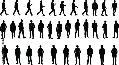 Silhouette people walking, standing, casual poses, modern lifestyle, urban fashion, group crowd, city pedestrian, business attire, outdoor activity, black outline illustration