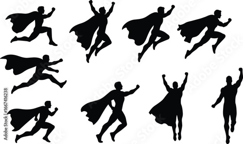 Superhero silhouette flying, running, leaping, jumping, powerful hero with cape, strong comic character, heroic figure, fantasy man, action illustration, strength