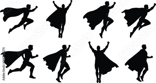 Superhero silhouette flying, running, jumping, strong man with cape, heroic pose, comic character, fantasy hero, action figure, powerful illustration