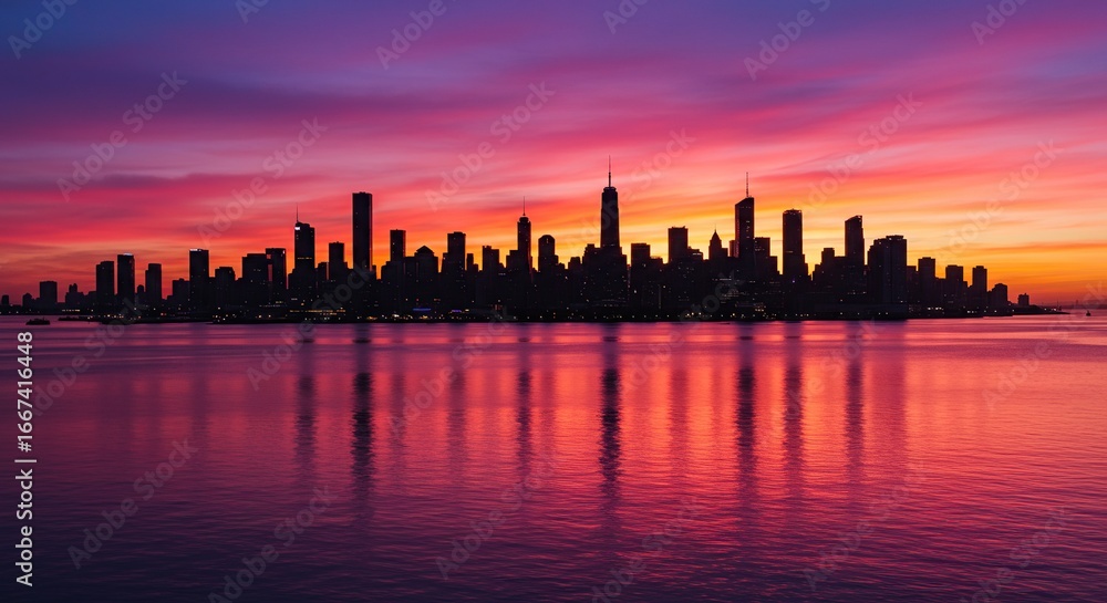 Fototapeta premium City skyline silhouette at dusk with vibrant sky and water reflections scenic view landscape