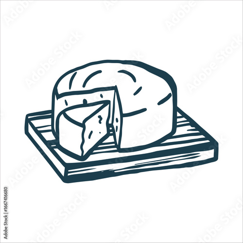 Camembert Cheese Wheel on Wood Board Sketch Fete du Fromage A round wheel of Camembert