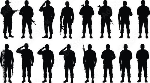 Silhouettes of military soldiers with rifles, saluting army men, standing troops, war fighters, armed forces, defense concept, soldier illustration vector