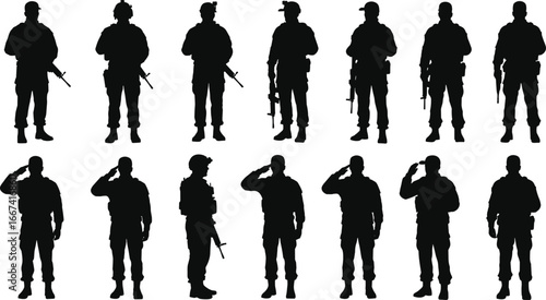 Silhouettes of army soldiers with rifles, saluting military men, standing troops, combat fighters, war heroes, defense force, uniformed soldier illustration vector