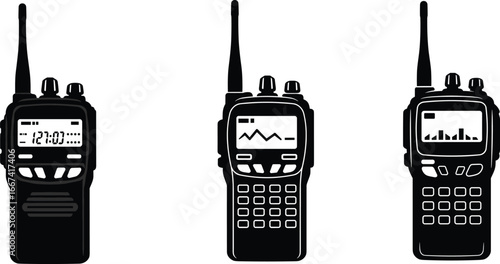 Walkie talkie silhouette, radio communication device, two way radio vector, portable transceiver icon, emergency communication tool, black design illustration