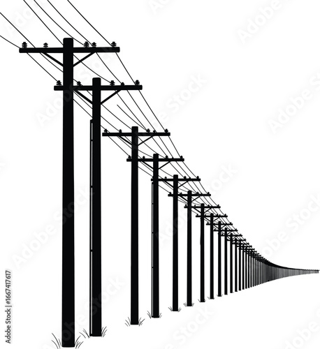 Electric power line silhouette, telephone pole vector, utility pole illustration, energy distribution design, communication line art, black infrastructure graphic