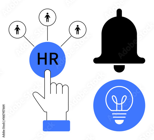 HR hub with interconnected team icons, notification bell for alerts, and lightbulb symbolizing ideas. Ideal for HR strategy, communication, recruitment, innovation, teamwork, alerts simple landing