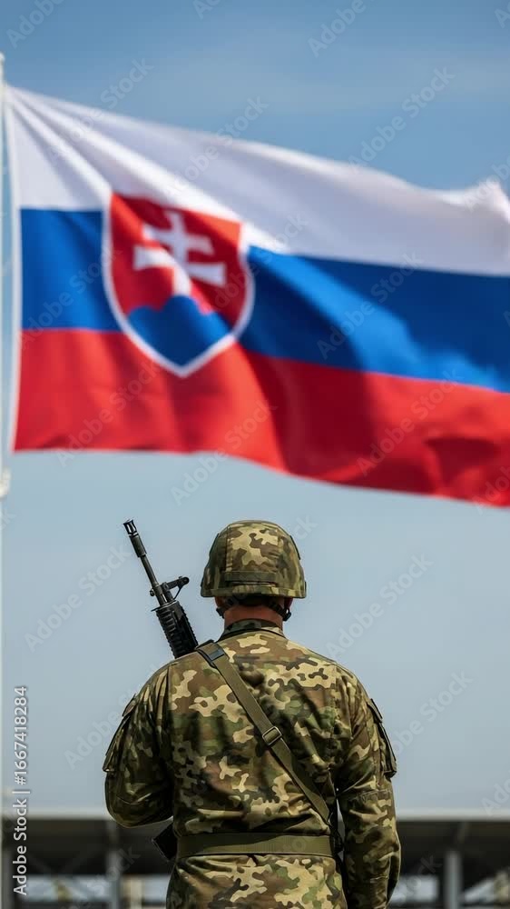 Rear view of a Slovak army soldier in camouflage uniform holding a rifle, standing in front of the national flag of Slovakia. Rear view of a Slovak army soldier in camouflage uniform holding a rifle, standing in front of the national flag of Slovakia.