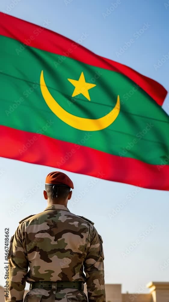 A Mauritanian soldier in camouflage uniform stands proudly before the national flag waving against a clear blue sky. A Mauritanian soldier in camouflage uniform stands proudly before the national flag waving against a clear blue sky.