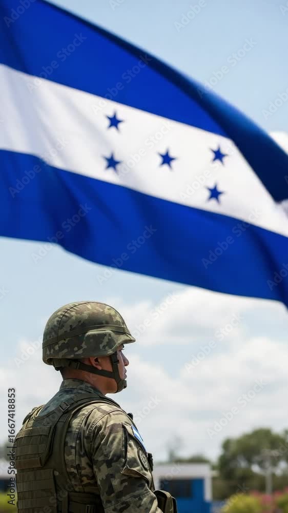 A patriotic Honduran soldier in camouflage uniform stands at attention in front of the national flag of Honduras. Military service and national pride concept. A patriotic Honduran soldier in camouflage uniform stands at attention in front of the national flag of Honduras. Military service and national pride concept.