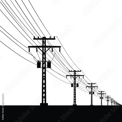 Electric Power Lines on Rural Landscape, Silhouette of Power Poles and Transmission Wires, Black and White Photography