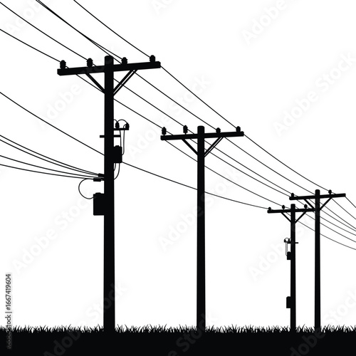 Silhouette of power poles and electric wires with utility infrastructure against a white background, featuring transmission lines in rural area