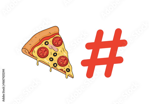 Delicious pizza slice with melted cheese and a bold red hashtag symbol for food trends