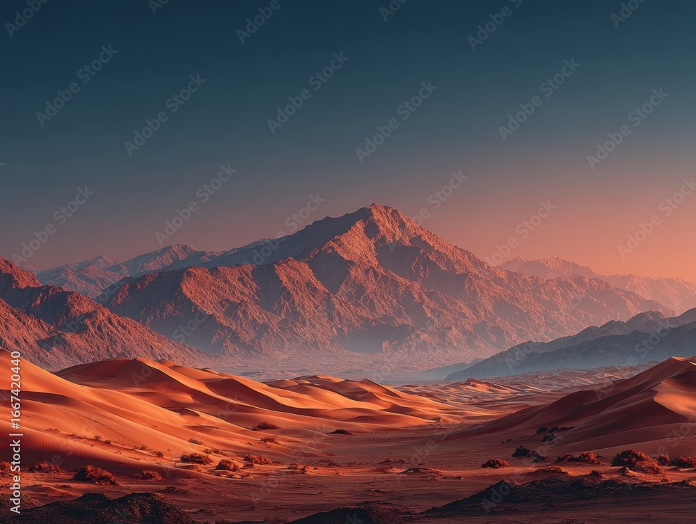Naklejka premium Scenic Desert Landscape with Mountain Range at Sunset