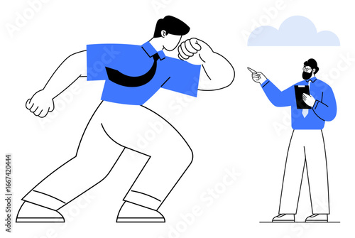 Oversized individual in dynamic pose facing smaller businessperson pointing upwards holding notes. Ideal for conflict resolution, workplace dynamics, leadership, power struggle, communication