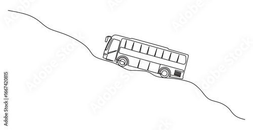 Continuous line art of a bus traveling on a winding, uphill road. Public transportation concept with a large load.