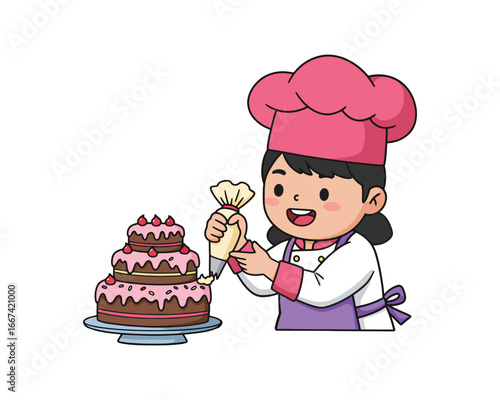 A cheerful young chef meticulously decorates a three-layered cake with frosting.