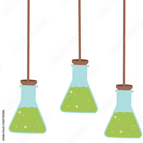 Flat 2D illustration of three hanging laboratory flasks filled with green liquid on a white background, minimal science chemistry experiment vector.
