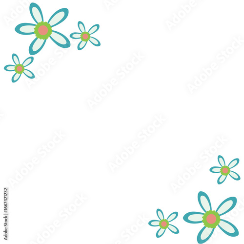 Flat 2D illustration of abstract blue flowers with green leaves arranged together on a clean white background, minimal floral decoration vector.
