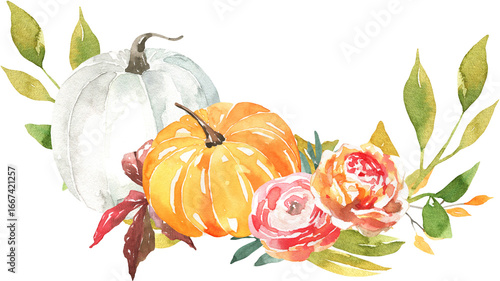 Pumpkin Autumn Bouquet Clipart, watercolor orange pumpkins, fall leaves, seasonal flowers, cozy rustic bouquet arrangement, digital PNG for scrapbooking, planners, social media