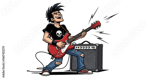 A rock star is playing his electric guitar with great fun.