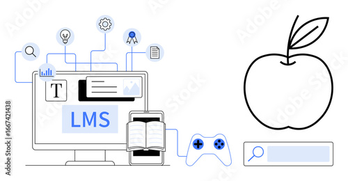 Computer monitor with LMS interface, open book, tablet, game controller, search bar, and icons for education and technology concepts. Ideal for e-learning, digital tools, remote study gamified