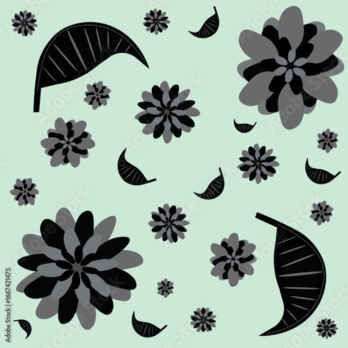 Seamless floral pattern with a refreshing mint green background. Modern and vibrant, perfect for fashion prints and decor.