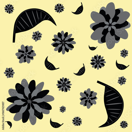 Bright floral pattern on a warm yellow background. Cheerful and playful, ideal for textiles, wallpapers, and gift wrap.