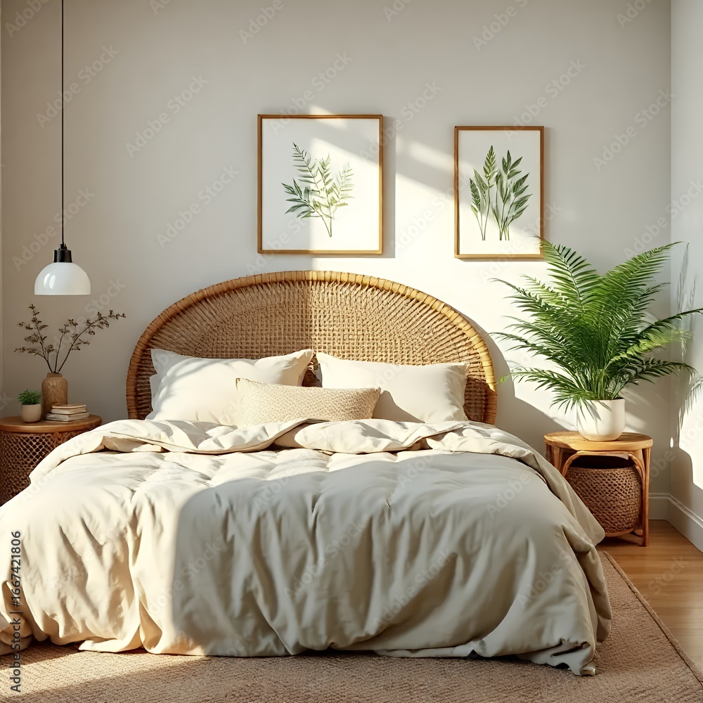 Naklejka premium Scandinavian Room with Botanical Wall Prints and Linen Bedding 