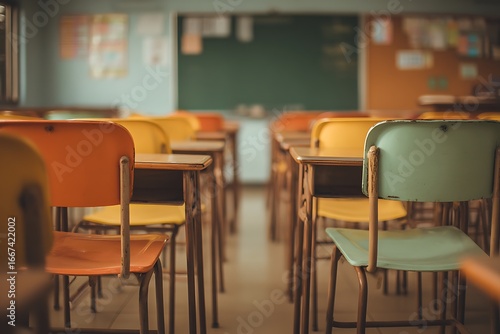 Empty classroom with desks and chairs, back to school concept