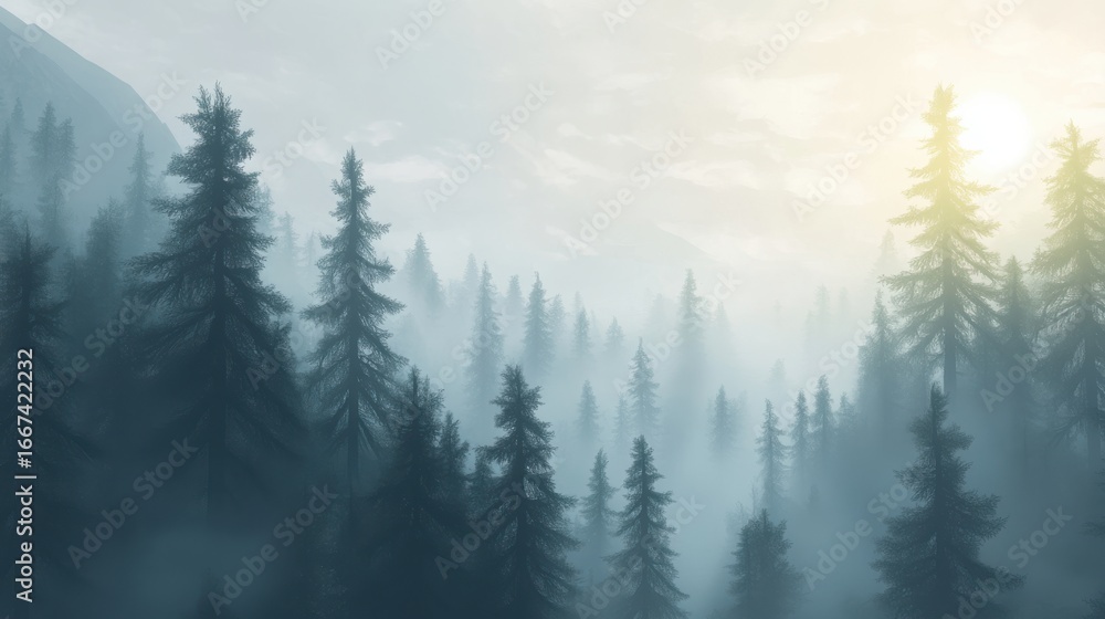 Fototapeta premium fog rolling through a dense mountain forest, with towering evergreen trees disappearing into the mist. on blurred background