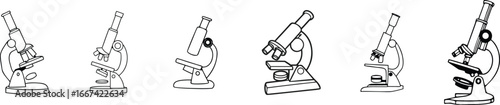 Six varied illustrations of a microscope tool set in black outlines.