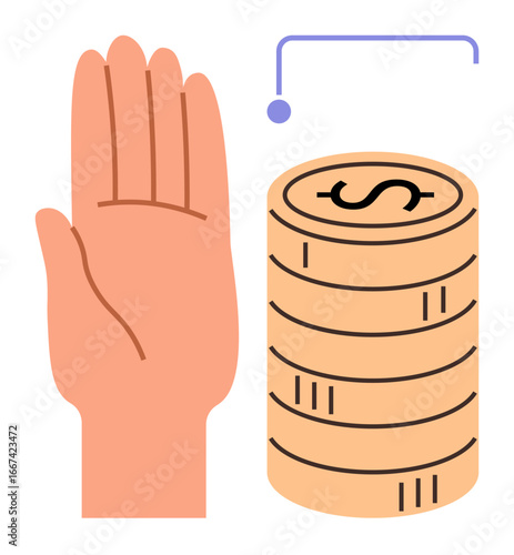Open hand next to a stack of coins with currency sign, indicating savings, donations, or monetary handling. Ideal for finance, charity, economy, wealth, investment budget planning generosity