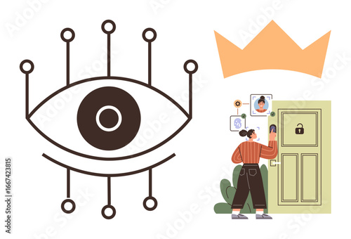 Giant stylized eye symbolizing biometrics and security linked to a woman using facial recognition to unlock a smart door. Ideal for biometrics, security, privacy, technology, AI, innovation, home