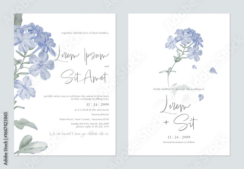 Wedding invitation and save the date template set with a minimalist design and soft, watercolor-style illustrations of Cape leadwort flowers and grayish-green leaves on a white background