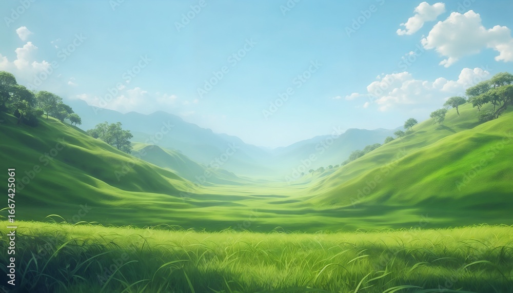 Fototapeta premium Serene Pastoral Landscape With Rolling Green Hills And Trees