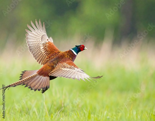Pheasant in flight over a grassy field